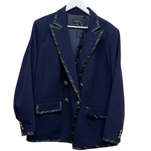 Talbots Women's Blue Tartan Plaid Trim Double Breasted Gold Button Blazer 18 W